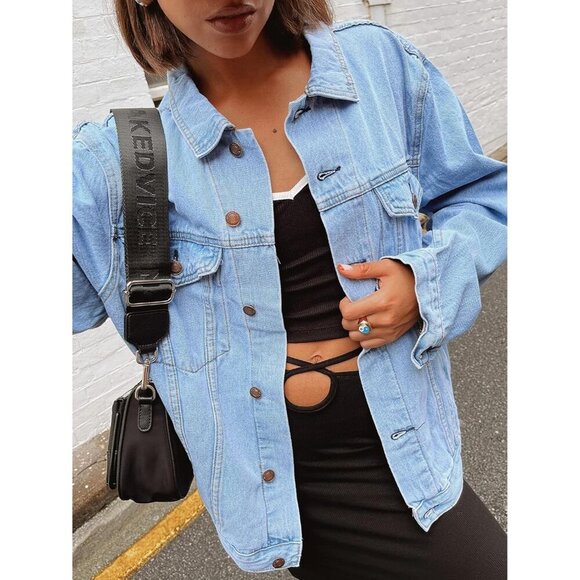 Womens Blue Oversized Vintage Denim Jacket Long Sleeve Boyfriend Casual Coat - Picture 6 of 6